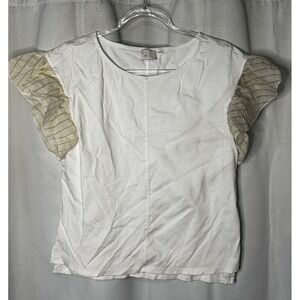 Anthropologie Postmark Postage Stamp White Tee With Yellow Ruffled Sleeves Sz S